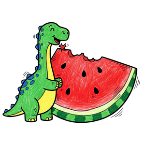 Dinosaur Happily Eating a Giant Watermelon Slice